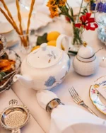 Camellia porcelain teapot, sugar bowl and plates set for afternoon tea