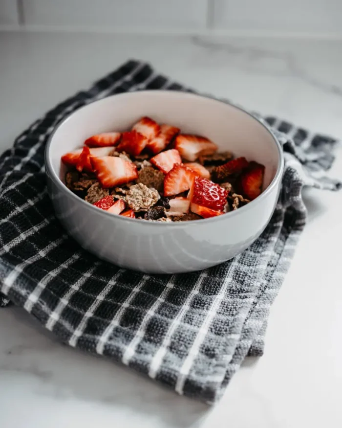 Terra stoneware bowl filled with strawberries and granola on a checked kitchen towel